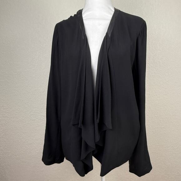 Eileen Fisher 100% Silk Crepe Leather Trim Jacket Black Button Sleeve Women’s XL - Picture 2 of 14